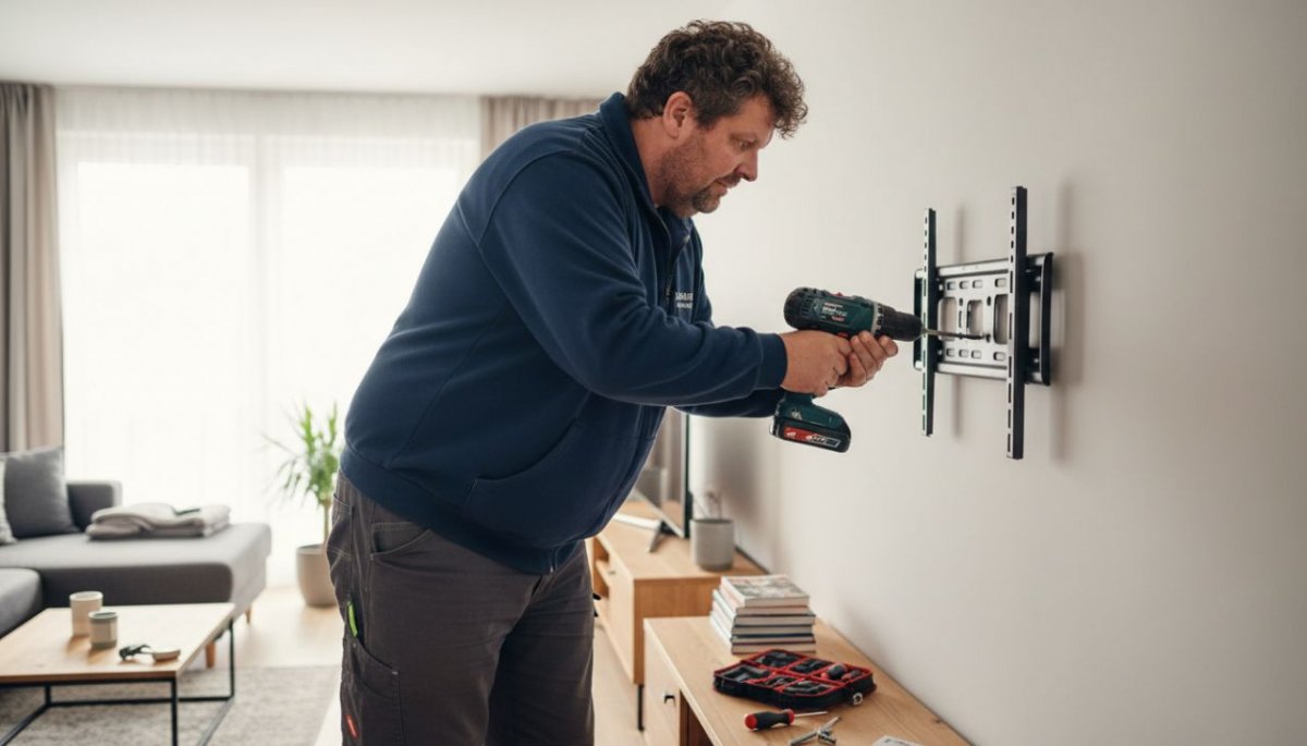 Hausmeister befestigt TV-Halterung (KI-Bild)